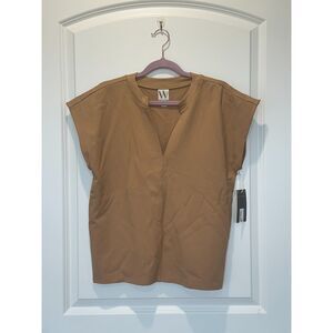NWT Worthington V-Neck Short Sleeve Top Maple Syrup Tan Size Medium